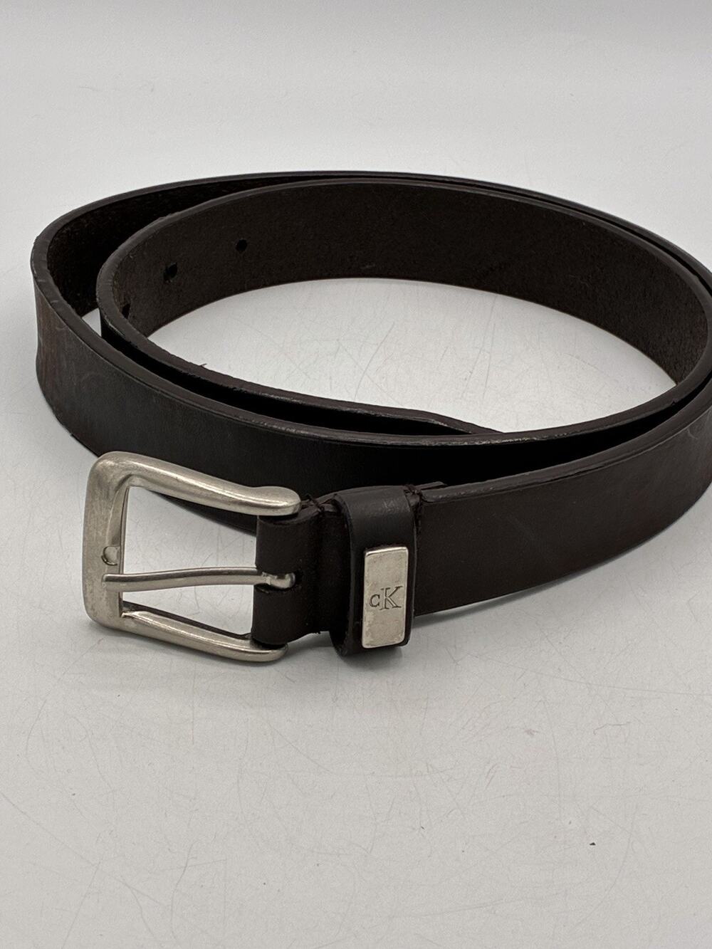 Calvin Klein Brown Leather Belt CK Silver Buckle 33-37 Inch Waist
